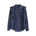 Chemise en jean rétro ample pour femmes avec volants, manches longues et style décontracté - M / Bleu foncé