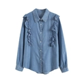 Chemise en jean bleu clair rétro pour femmes avec volants et manches longues - M / Bleu clair
