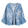 Camicia di jeans vintage azzurra da donna con ricamo floreale e scollo a V in pizzo - M / Azzurro