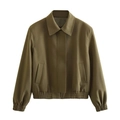 Dark green wool-like cropped bomber jacket with lapel collar and elastic hem for women - S / Olive Green