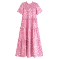 Abito midi rosa a fiori con balze, bustino elasticizzato e maniche corte a volant - S / Rosa Floreale