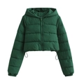 Detail of dark green cropped puffer jacket with hood, zipper, and elastic drawstring hem - Dark Green