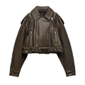 Chaqueta motera corta de cuero sintético marrón oscuro con efecto lavado y cinturón - XS / Color carbón