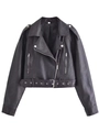 Chaqueta corta de cuero sintético negro para mujer estilo motero con solapas y cremalleras - XS / Negro