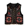 Gilet da donna in velluto nero con ricami floreali colorati e finiture in pizzo dorato - S / Nero