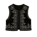 Gilet court en velours noir Y2K avec broderie florale à paillettes et perles - S / Noir