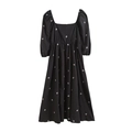 Detail of floral embroidery on black square neck midi dress with puff sleeves - XS / Black