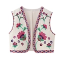 Gilet ethnique sans manches avec broderies florales bohèmes et bordures géométriques - XS / Blanc avec Broderie Florale Rouge