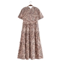 Brown leopard print tiered maxi dress with shirred bodice and ruffled stand collar - Brown Leopard
