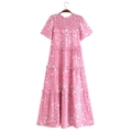 Pink floral cotton maxi dress with elastic tiered layers and short sleeves style - Pink Floral