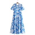 Blue short sleeve dress with white floral print and smocked bodice detail - Bright Blue Floral