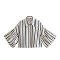 Dettaglio dell'etichetta taglia S sulla camicia a righe bianche e blu con maniche a sbuffo - Righe Blu Navy