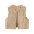 Gilet Y2K en velours beige avec paillettes et broderies ethniques sophistiquées - S / Style Abricot (Couleur d'Image 1)