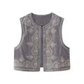 Gilet court Y2K en velours gris foncé avec broderies florales vintage et paillettes - S / Style Gris (Couleur d'Image)