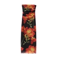 Detail of floral print tube dress featuring orange flowers and side ruching design - Floral Black