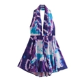 Vintage Y2K mini-jurk met halternek en paars-blauwe tie-dye print met diepe V-hals - XS / Paars Blauw Tie-dye