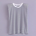 Detail of round neck striped tank top with padded shoulders on a lavender background - S / Striped