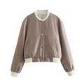 Detail of tan Y2K cropped jacket with ivory ribbed trim and gold snap buttons - S / Sand