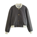 Detailed view of dark grey wool bomber jacket with contrast ribbing and gold buttons - S / Heather Grey