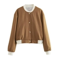 Detailed close-up of brown and white color-block bomber jacket with golden metal buttons - S / Camel