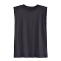 Detail of black cotton muscle tee showing wide padded shoulders and crew neck design - S / Black