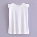 Detailed view of white round neck T-shirt featuring structured padded shoulders - S / White