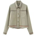 Veste utilitaire courte vert olive clair Y2K avec broderie ethnique et bords effilés - XS / Kaki