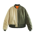Y2K Oversize Bomberjacke in Grün und Beige Kontrastfarben mit orangefarbenem Steppfutter - S / Khaki Armeegrün