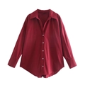 Deep red Y2K style poplin shirt for women featuring long sleeves and drop shoulder design - XS / Burgundy