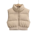 Short khaki quilted puffer vest with stand collar and zipper closure on a hanger - Khaki