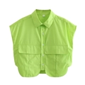 Short-sleeved Y2K cropped shirt in bright green with lapel collar and flap pockets - S / Grass Green