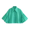 Y2K bright green striped shirt with oversized pointed collar and dramatic puff sleeves - Sky Blue