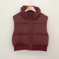 Women's Y2K style cropped puffer vest in burgundy red featuring a high collar and ribbed hem - As Shown