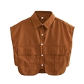 Cropped brown sleeveless utility shirt with lapel collar and large front pockets - S / Brown