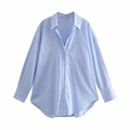 Women's summer light blue cotton poplin shirt with button-up front and curved hem - XS / Light Blue
