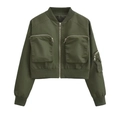 Giacca bomber Y2K verde oliva con tasche utility e zip in argento metallizzato - Taglia unica / verde oliva