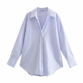 Oversize women's long sleeve shirt in blue and white fine stripes with poplin texture - XS / Blue and White Stripes