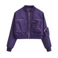 Giacca bomber corta viola Y2K con tasche cargo e bordi a costine su sfondo bianco - Taglia unica / Blu Viola