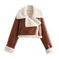Chaqueta corta de cuero sintético marrón con cuello de forro polar crema y estilo biker - XS / Marrón