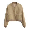 Giacca bomber corta Y2K kaki in ecopelle opaca con bordi a costine e grandi tasche - S / Cachi