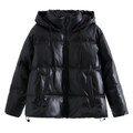 Detalle de chaqueta acolchada de cuero PU brillante con capucha y cierre de cremallera - XS / Negro