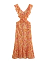 Y2K midi-jurk met oranje bloemenprint, V-hals, ruches en uitsneden in de taille - XS / Oranjerood