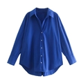 Y2K style long sleeve poplin shirt in vibrant cobalt blue with white buttons - XS / Dark Blue
