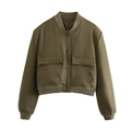 Army green Y2K bomber jacket with stand collar and double utility pockets - Olive Green