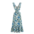 Y2K midi-jurk met blauw-groene bloemenprint, ruches aan de bandjes en vetersluiting - XS / Blauw