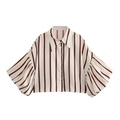 Short boxy striped shirt with puff sleeves and button-down front for women - Coffee Stripe