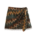 Retro zigzag print wrap skirt with side tie detail and beaded fringe hemline for women - Earth Tone Zigzag Style