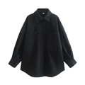 Women's minimalist oversized black wool shacket with chest flap pockets and classic collar - Black