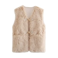 Chic beige faux fur vest featuring stylish horn toggles and sleeveless V-neck design - S / Apricot