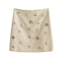Beigefarbener Y2K Minirock mit hoher Taille, Pailletten-Blumenstickerei und Strasssteinen - XS / Beige